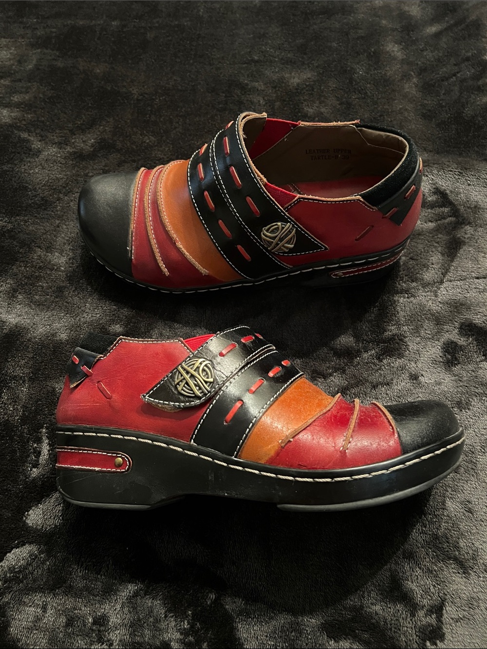 Spring Step Red, Black & Brown/Orange Leather Slip-Ons